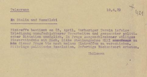 Telegramm Thälmanns „an Stalin und Manuilski“, 10. April 1929
