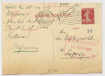 An das Reichsgericht adressierte Postkarte aus Paris, November 1931 