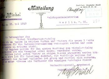 Briefmarken-Katalog-Herausgeber Hugo Michel bittet um das Emissionsdatum. 

