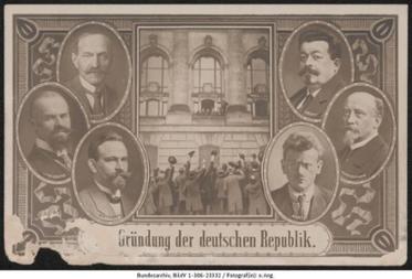 Postkarte mit Bildnissen der Mitglieder des Rates der Volksbeauftragten