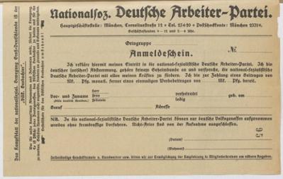 Anmeldeschein für eine Mitgliedschaft in der NSDAP, Februar 1924