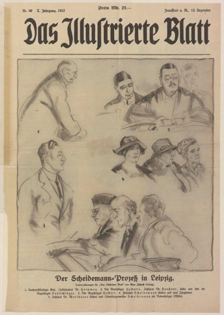 Der Scheidemann-Prozess in Leipzig. Zeichnung für "Das Illustrierte Blatt" von Max Zschoch