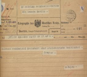 Telegramm von Walter Gropius an Dr. Edwin Redslob vom 18. Nov. 1924