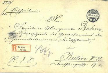 Briefumschlag, adressiert an "Margarete Behm, Hauptvorsitzende des Gewerkvereins der Heimarbeiterinnen Deutschlands", 1908