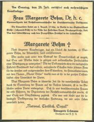 Todesanzeige für Margarete Behm, unterzeichnet von Annagrete Lehmann als Vorsitzende des Reichsfrauenausschusses der DNVP, Juli 1929