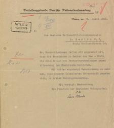 Beschwerde gegen das Verbot von Protestversammlungen gegen die Abtrennung des Rheinlands. Schreiben von Clara Mende für die Fraktion der Deutschen Volkspartei in der Nationalversammlung an die Waffenstillstandskommission, 3. April 1919