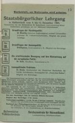 Werbeblatt für einen „Staatsbürgerlichen Lehrgang“ in Halberstadt von der Halberstädter Volkshochschule und der Reichszentrale für Heimatdienst, ca. 1925