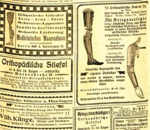 Inserate zu künstlichen Gliedern und orthopädischen Stiefeln für Kriegsversehrte in der Zeitung "Der Kriegsverletzte" vom 19. November 1919
