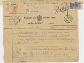 Telegramm des Rechtsanwalts Dr. Weinberg an Kriegsgerichtsrat Ehrhardt vom 3. Juni 1919