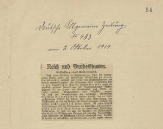 Artikel in der Deutschen Allgemeinen Zeitung vom 3. Oktober 1919 über Proteste in Bayern gegen die angebliche Überführung der kriegsgeschichtlichen Archive Bayerns in das Reichsarchiv
