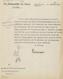Schreiben des Reichsministers des Innern zur Nutzung der Kadettenanstalt in Lichterfelde vom 6. Februar 1920