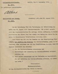 Schreiben des Ministeriums des Innern in Oldenburg an das Reichsministerium des Innern vom 22. August 1919 (Abschrift der Reichskanzlei vom 6. September 1919)