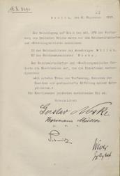 Schreiben der Reichskanzlei vom 5. September 1919 zur Vereidigung des Reichsministers des Auswärtigen Hermann Müller und des Reichswehrministers Gustav Noske