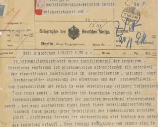 Telegramm des bayerischen Ministerpräsidenten Kurt Eisner an die Sozialisierungskommission in Berlin vom 18. Januar 1919
