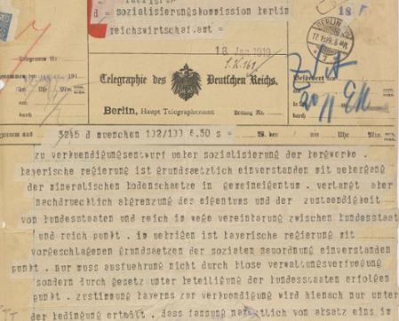 Telegramm des bayerischen Ministerpräsidenten Kurt Eisner an die Sozialisierungskommission in Berlin vom 18. Januar 1919