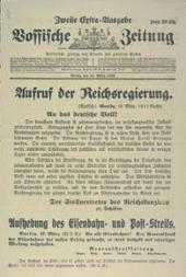 Aufruf der Reichsregierung zur Wiederaufnahme der Arbeit nach dem Generalstreik, Vossische Zeitung vom 18. März 1920 