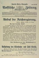 Aufruf der Reichsregierung zur Wiederaufnahme der Arbeit nach dem Generalstreik, Vossische Zeitung vom 18. März 1920 