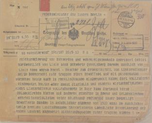 Telegramm des Oberpräsidenten der preußischen Provinz Westfalen an den Reichsminister des Innern vom 21. März 1920