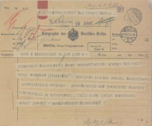 Telegramm der Handelskammer Düsseldorf an den Reichsminister des Innern vom 1. April 1920