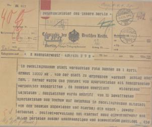 Telegramm des Oberpräsidenten der preußischen Provinz Westfalen an den Reichsminister des Innern vom 3. April 1920